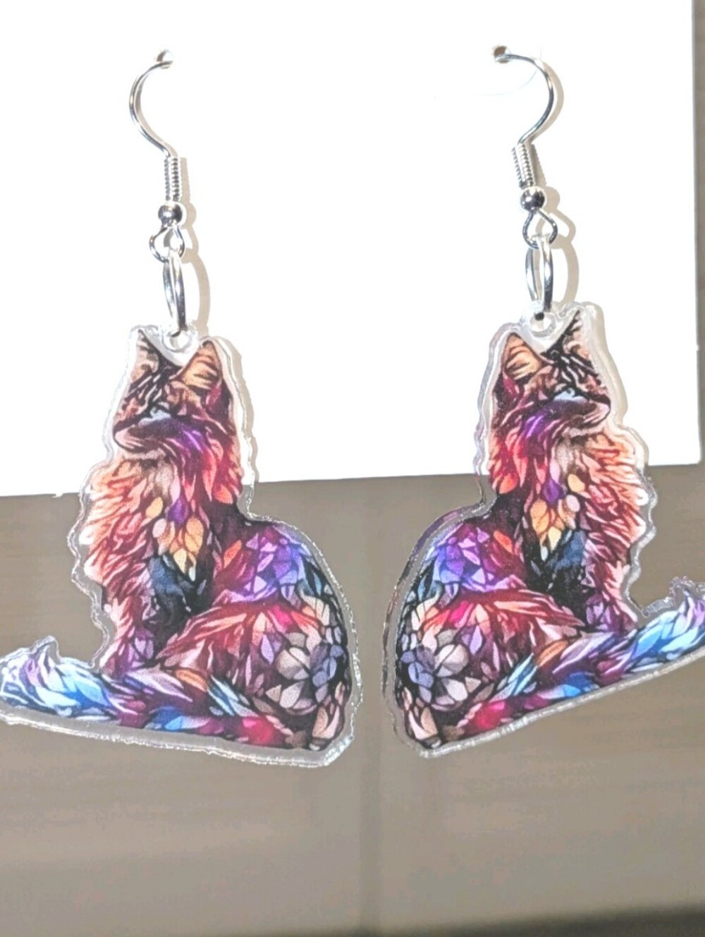 Hand Crafted Multicolor Stained-Glass Exotic Cat Earrings